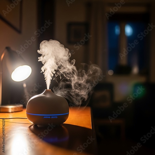 Electronic mist emitter releases fragrant vapor in a dimly lit interior space