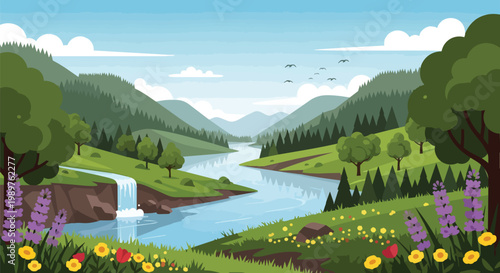Vibrant Spring Landscape with River, Waterfall, and Wildflowers