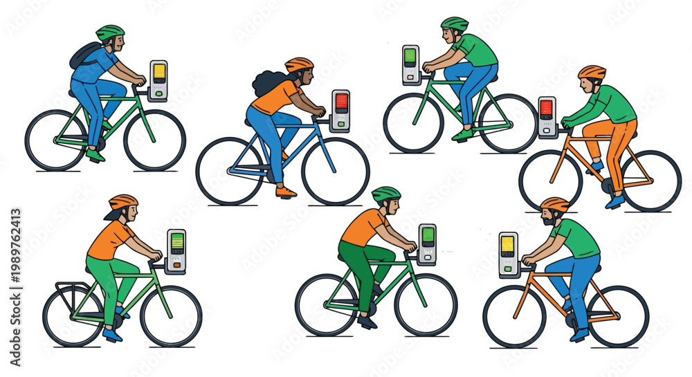 Obraz premium Diverse group of people cycling and using bike share stations isolated on white background