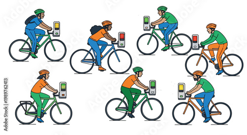 Diverse group of people cycling and using bike share stations isolated on white background