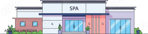Modern spa building front elevation flat vector isolated white background