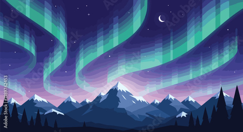 Vibrant Aurora Borealis Over Snow-Capped Mountains and Pine Forest
