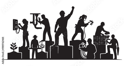 Industrial construction workers silhouette vector, diverse skilled trades people group, manual labor and building industry professionals on white background