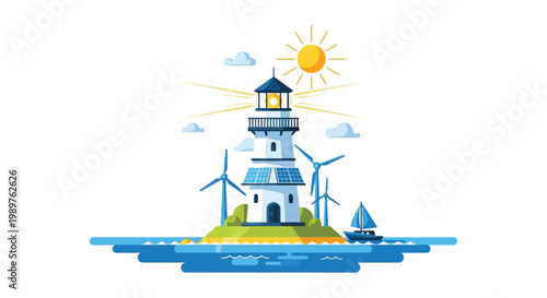 Lighthouse island powered by solar and wind energy with sailboat illustration isolated on white background