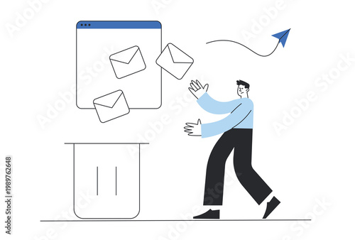 Man throwing digital envelopes into a trash bin to organize his cluttered inbox and manage online messages.