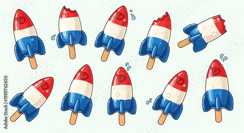 Collection of frozen novelty treats shaped like rockets displayed in various orientations