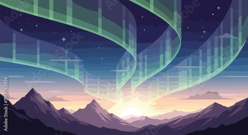 Pixel Art Aurora Borealis Over Mountain Landscape at Sunrise