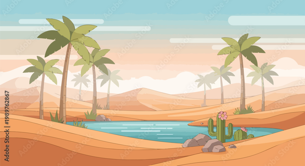 Obraz premium Desert Oasis with Palm Trees, Cacti, and Dunes, Flat Design
