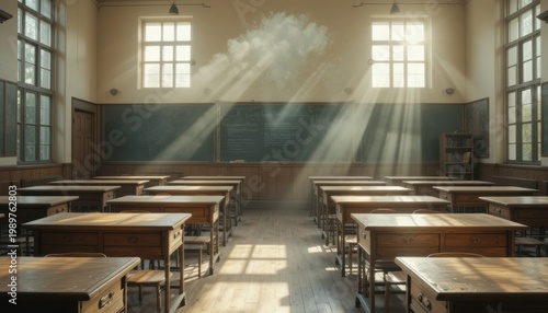 Sunlit Empty Classroom Bathed in Golden Rays, Evoking Nostalgia for Learning and Quiet Reflection in a Vintage School Setting