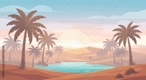 Desert Oasis Landscape with Palm Trees at Sunset