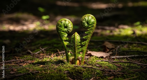 New Fern Fronds Unfurling in Forest Light