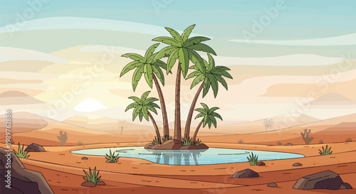 Desert Oasis with Palm Trees and Water Reflection at Sunset
