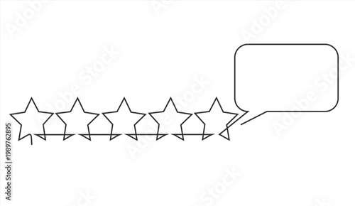 Chat speech bubble  five stars score of customer review rating continuous one line drawing, Review, Rating Satisfaction concept, Customer Experience Concept, Concept of excellence, Five stars.