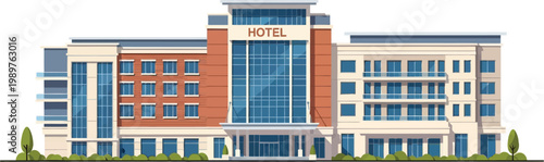 Modern hotel building facade with grand entrance, windows, and signage, designed for accommodation services