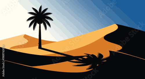 Silhouette of a lone palm tree casting a long shadow on desert sand dunes under a gradient sky.