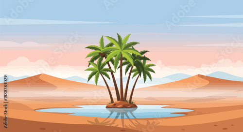 Desert Oasis: Palm Trees Growing Around a Small Pond in a Sandy Landscape
