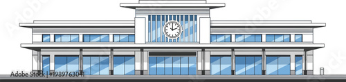 A grand, modern architectural concept for a public or commercial facility, featuring a prominent central clock and expansive glass facades
