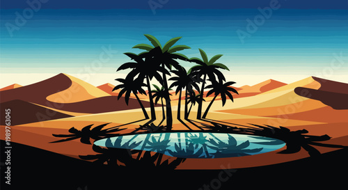 Vibrant Desert Oasis with Palm Trees and Mirrored Water Reflection