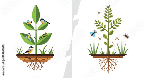 Healthy ecosystem plant with insects versus unhealthy plant illustration isolated on white background