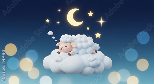 Adorable fluffy animal rests peacefully upon a soft cloud under a night sky