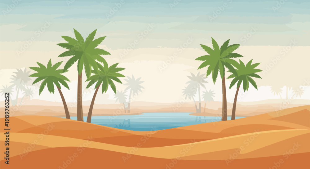 Obraz premium Desert Oasis Scene with Palm Trees and Sand Dunes