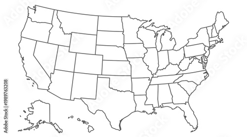 Outline Map of United States with State Borders on Isolated White Background, USA Geographic Representation