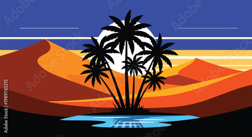 Desert Oasis Silhouette: Palm Trees, Dunes, Sun, and Water Reflection