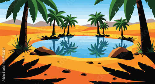 Desert Oasis with Palm Trees and Clear Water Reflecting Blue Sky