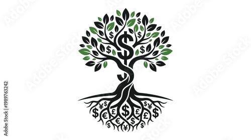 Money Tree with Dollar Sign Leaves and Roots on Isolated White Background, Financial Growth Concept