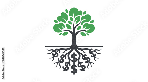 Green Money Tree with Dollar Sign Roots, Symbolizing Financial Growth on Isolated White Background