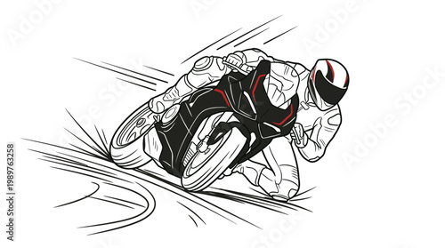 Dynamic Motorcyclist in Red and Black Accents Leaning into Turn on Race Track in Line Art, Isolated White Background