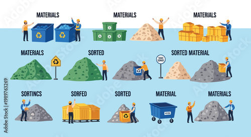 Recycling and waste management workers sort materials at a facility isolated on white background