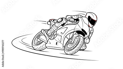 Dynamic Motorcyclist Leaning into a Turn on a Race Track in Monochrome Line Art, Isolated White Background