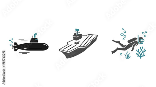 Naval and Scuba Diver Icons with Coral: Submarine, Aircraft Carrier, Diver on Isolated White Background