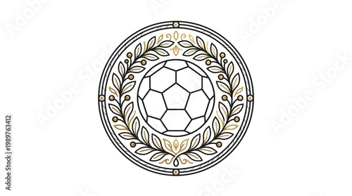 Ornate Soccer Ball with Luxurious Golden Wreath and Circular Frame on Isolated White Background