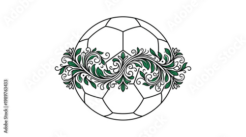 Ornate Soccer Ball with Decorative Green Floral Frame on Isolated White Background