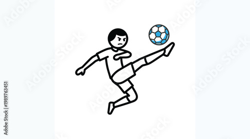 Angry Stick Figure Soccer Player Kicking Ball with Force on Isolated White Background