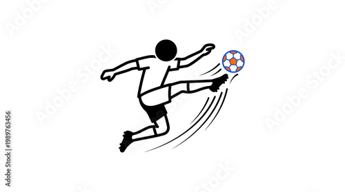 A simple black and white stick figure illustration of a soccer player in mid-air performing a powerful kick on a colorful soccer ball.