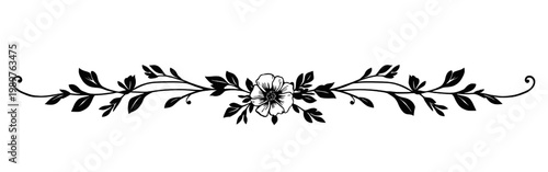 minimal floral divider silhouette with leaves and central flower simple botanical border black vector illustration isolated on white background