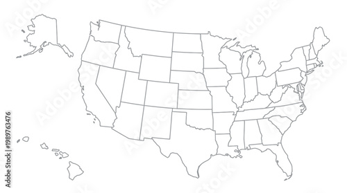 A simple black and white outline map of the United States of America, including Alaska and Hawaii, showing state borders.