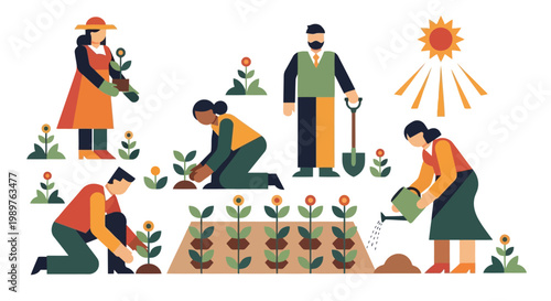 People planting flowers and vegetables in a garden under the sun isolated on white background