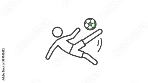 A minimalist line art icon depicting a soccer player performing an acrobatic bicycle kick or overhead kick with a green and white ball.
