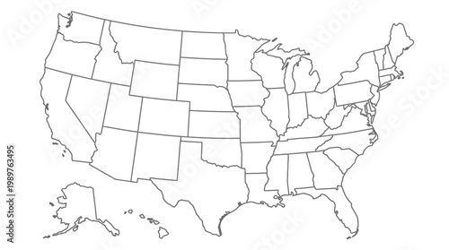 Black and white outline map of the United States showing all 50 states and their internal borders.