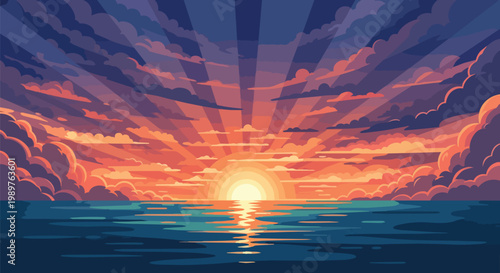 Vibrant Pixel Art Sunset Over Calm Ocean with Dramatic Sun Rays and Clouds