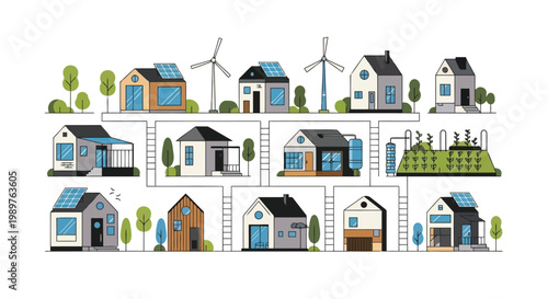 Eco-friendly houses with solar panels and wind turbines isolated on white background