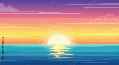 Pixel Art Sunset Over Ocean Horizon with Colorful Sky and Clouds