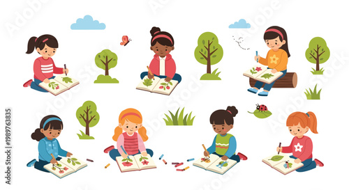 Diverse children engaged in creative art activities outdoors isolated on white background