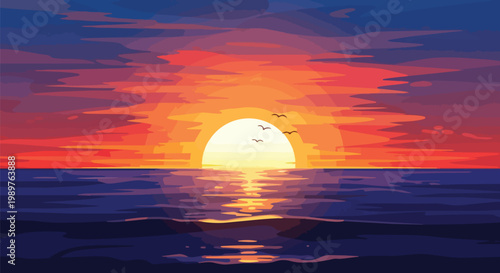 Pixel Art Sunset Over Ocean with Birds Flying
