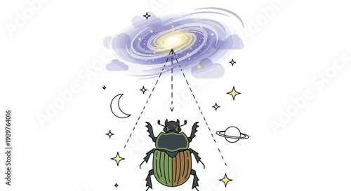 Scarab beetle connecting to galaxy illustration isolated on white background