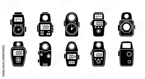 Collection of Light Meters Icons: Vintage and Modern Exposure Measurement Devices